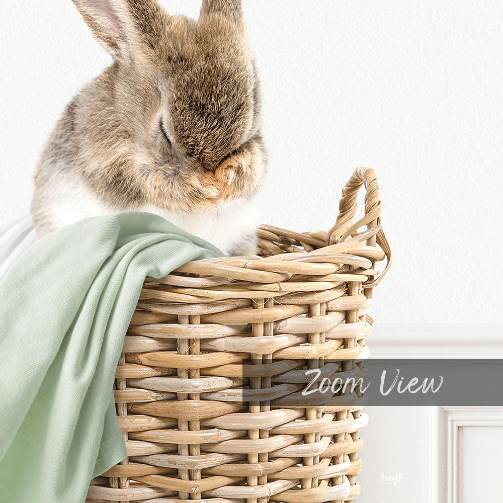 A fluffy gray and white rabbit is nestled in a woven basket, with a green blanket draped over it.