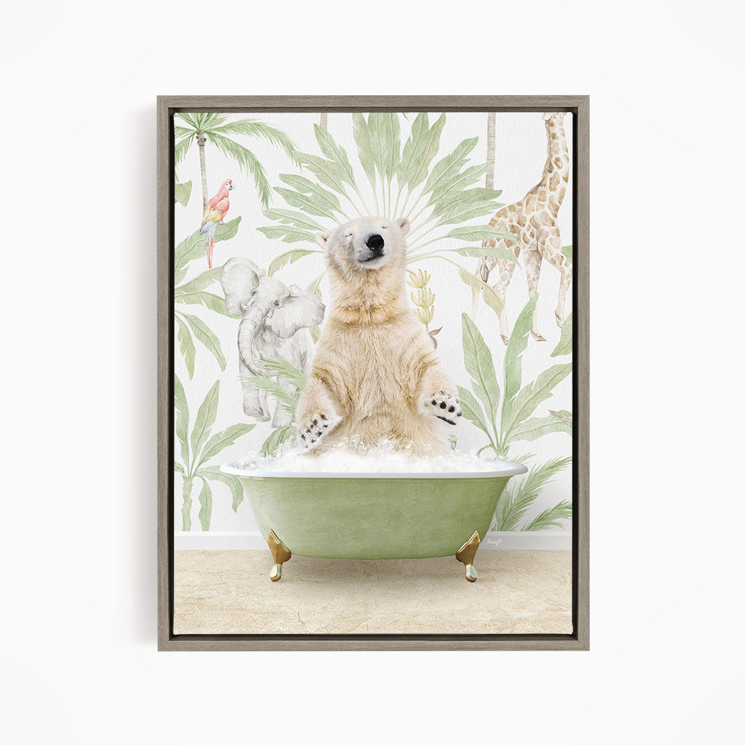 A polar bear sitting in a green bathtub, surrounded by tropical plants and animals, such as a giraffe and a parrot.