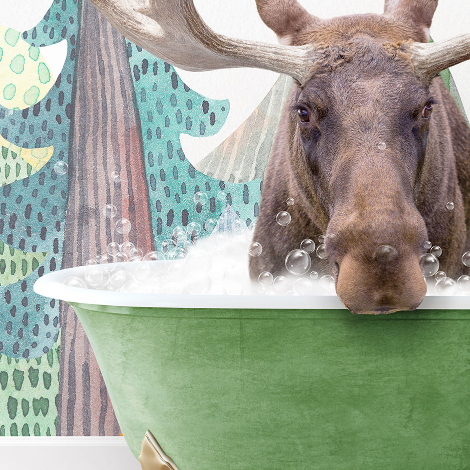 a moose is taking a bath in a green bowl