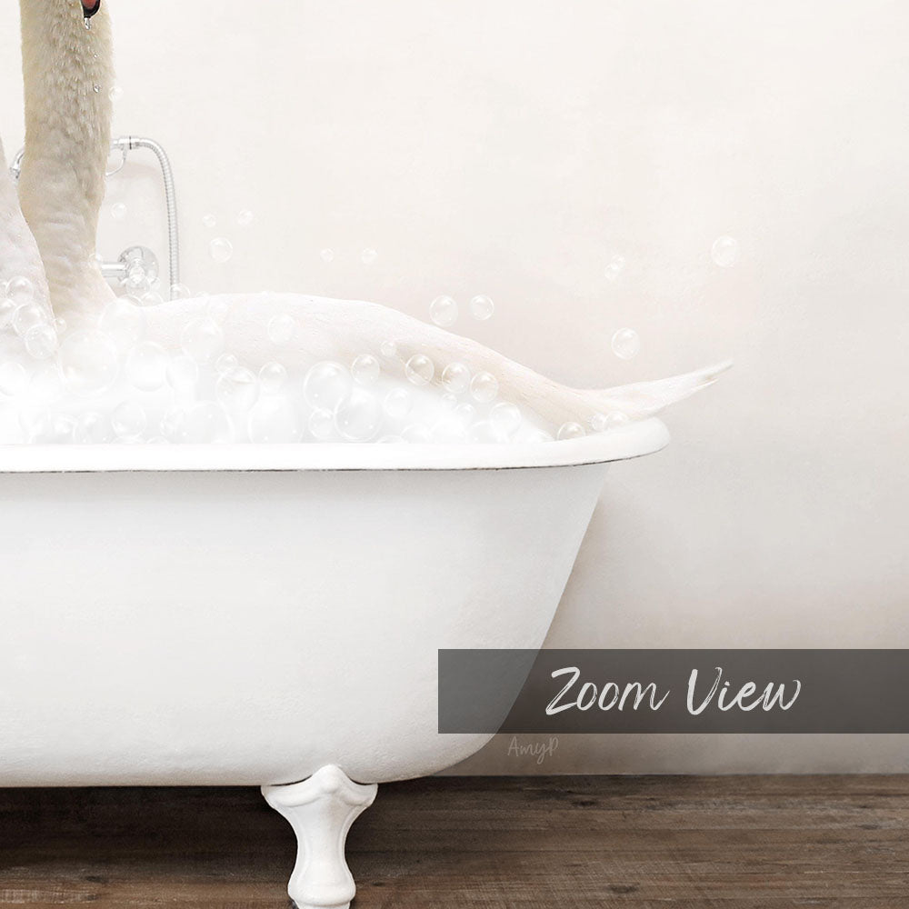 A white claw-foot bathtub filled with bubbles, with a person's feet submerged in the water.