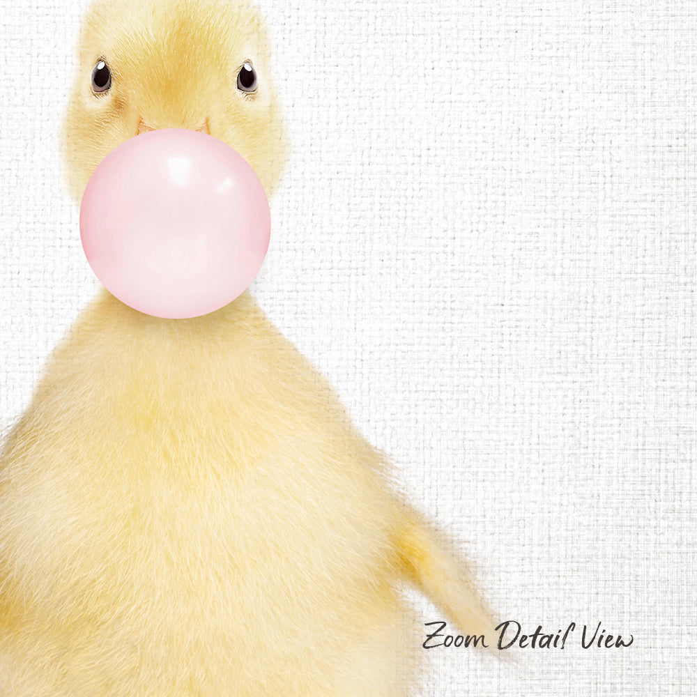 A cute yellow duck blowing a bubble with a pink bubble gum bubble.