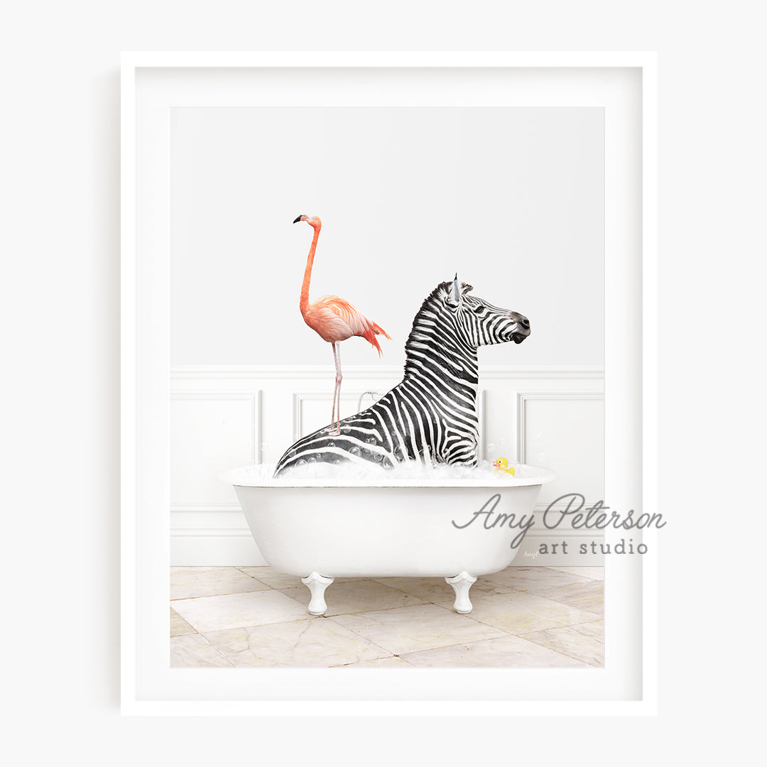 a picture of a zebra and a flamingo in a bathtub