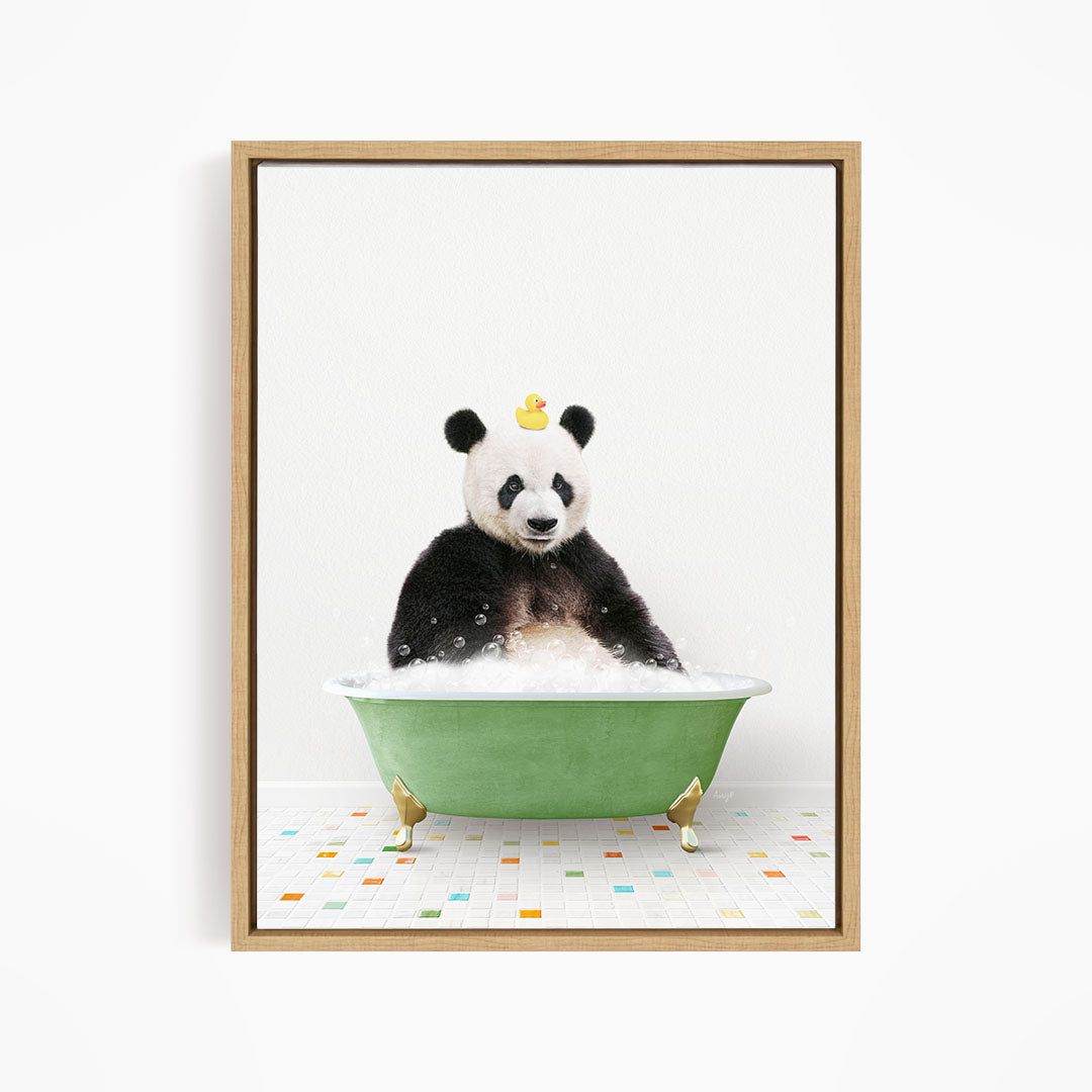 A panda bear sitting in a green bathtub, with a yellow rubber duck floating on its head.