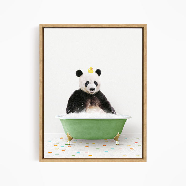 A panda bear sitting in a green bathtub, with a yellow rubber duck floating on its head.