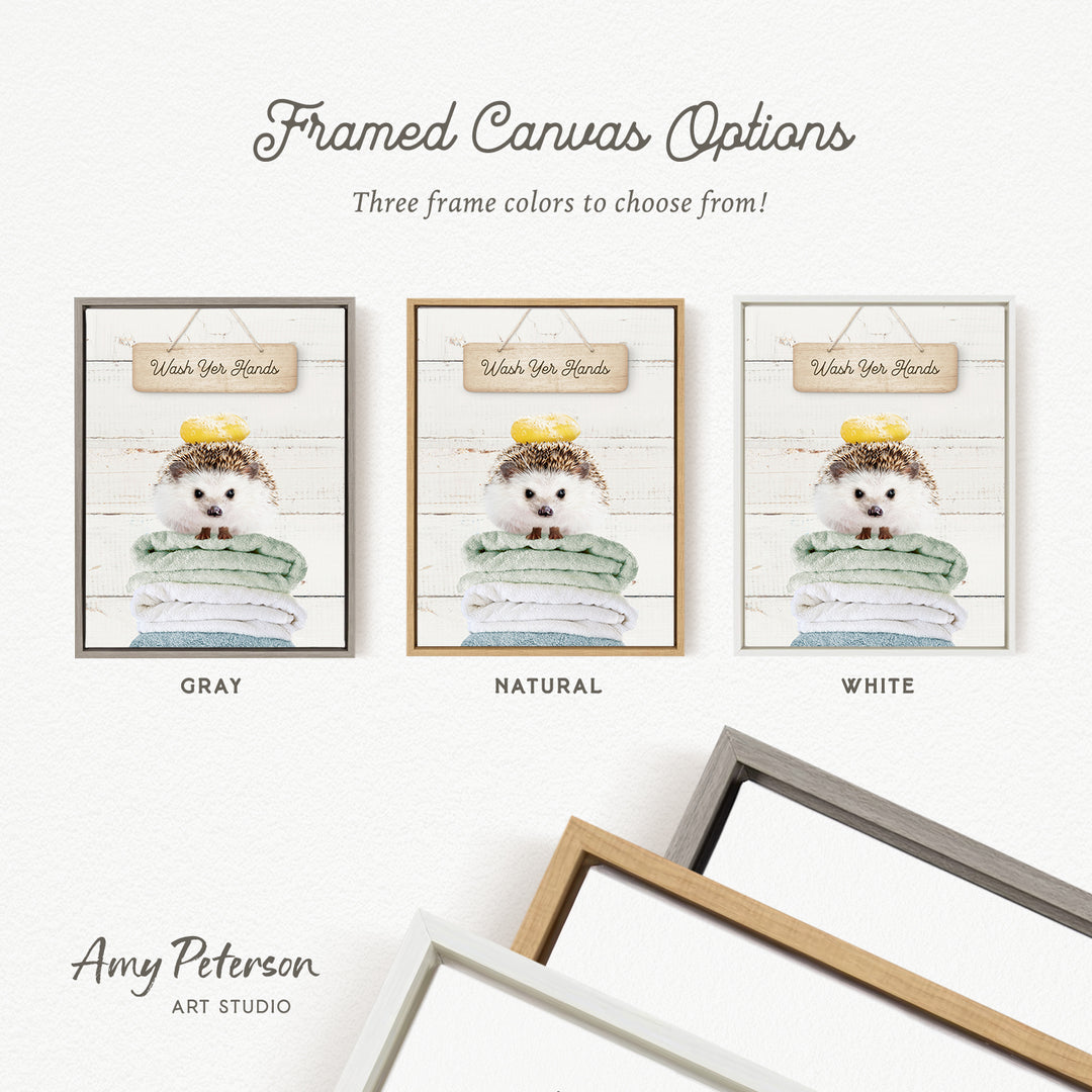three framed canvas options, each with a different color and frame style, including a gray, natural, and white frame.