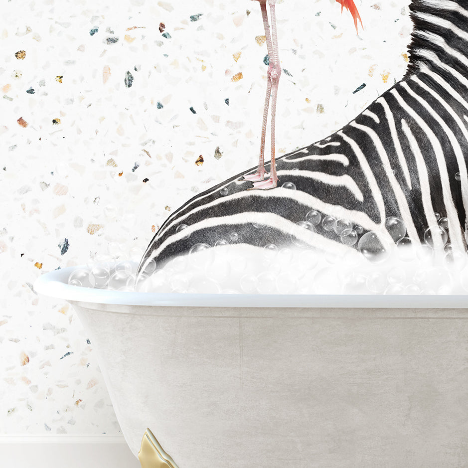 a zebra in a bathtub with a bird on top of it