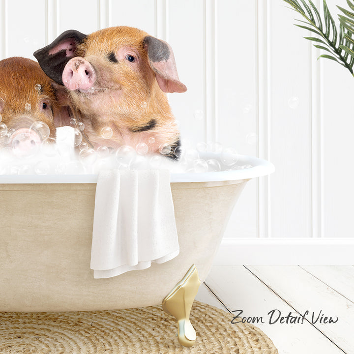 A pair of adorable pigs sitting in a bathtub filled with bubbles, enjoying a relaxing bath.