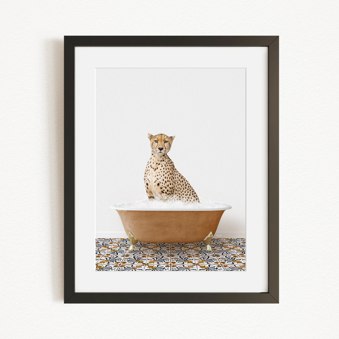 A cheetah sitting in a bathtub filled with water, surrounded by a patterned tile floor.
