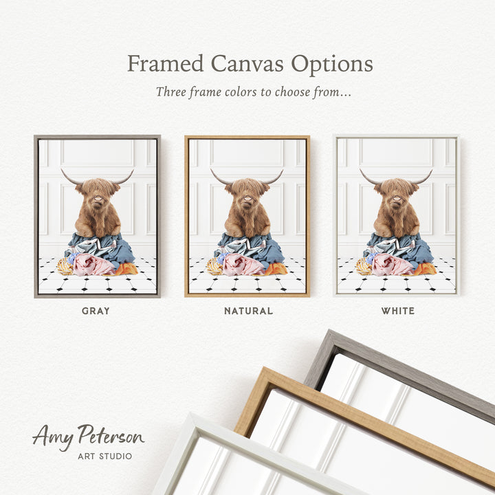 three framed canvas options, each featuring a different color: gray, natural, and white. The text above the images reads " Framed Canvas Options" and "Three frame colors to choose from...". The text below the images reads "Grays", "Naturals", and "Whites". The artist's name, Amy Peterson, is also mentioned at the bottom of the image.