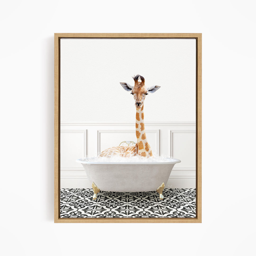 A giraffe is sitting in a white bathtub filled with water, creating a whimsical and playful scene.