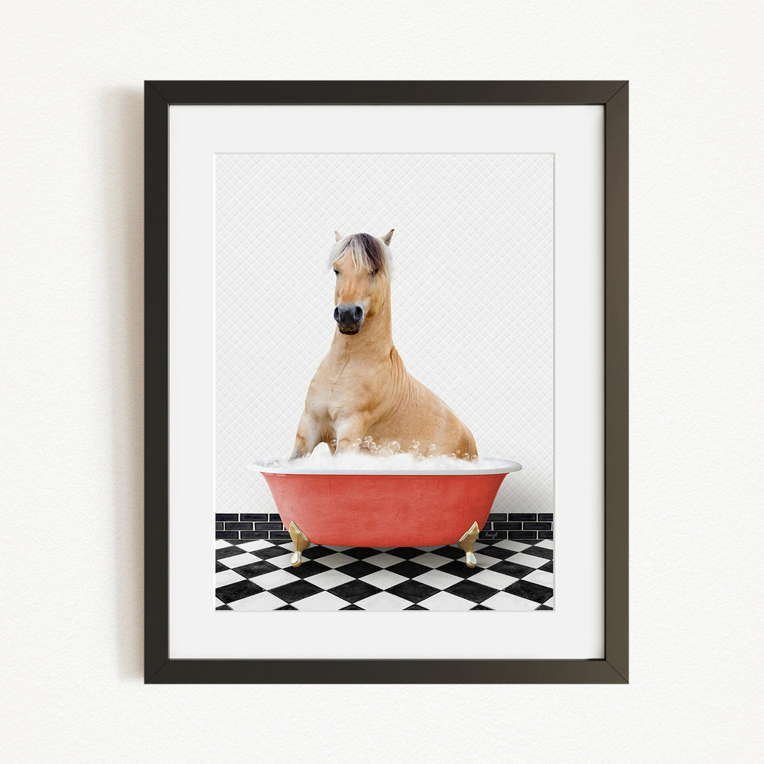 A horse sitting in a red bathtub filled with water, surrounded by a black and white checkered floor.