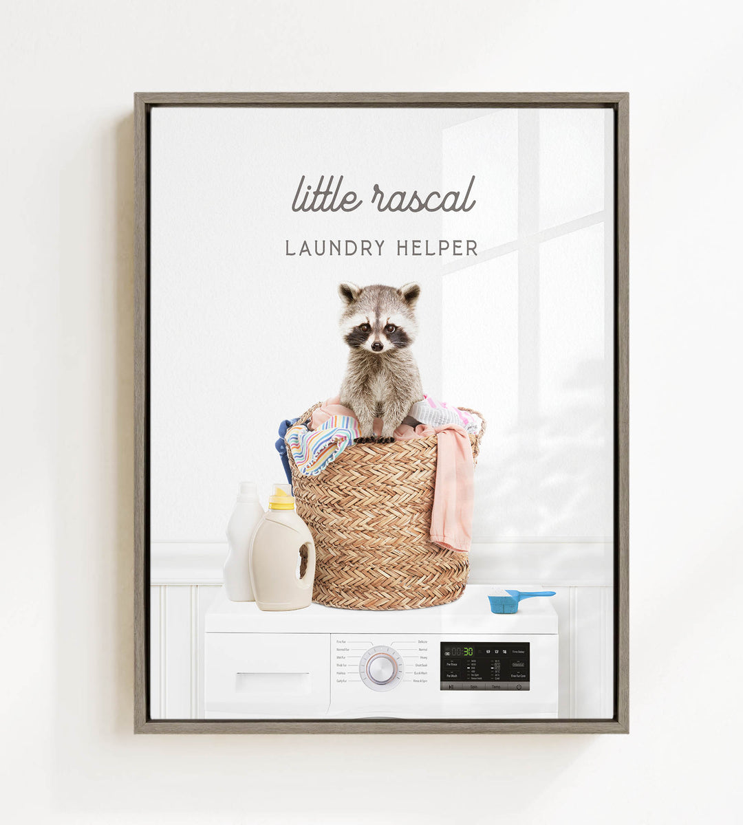 A raccoon sitting on a laundry basket filled with clothes and detergent, with a washing machine and other laundry-related items in the background.