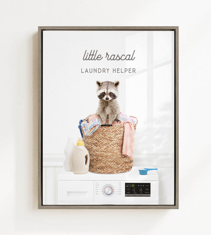 A raccoon sitting on a laundry basket filled with clothes and detergent, with a washing machine and other laundry-related items in the background.