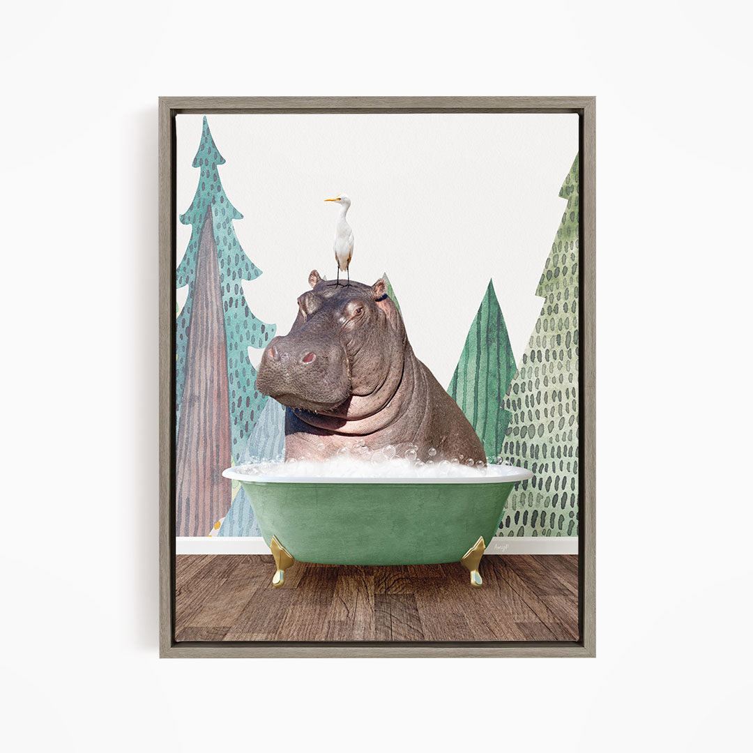 A hippopotamus is sitting in a green bathtub, with a seagull perched on its head.