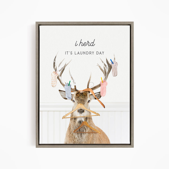 A deer with antlers wearing clothes and socks, with the text "It's laundry day" above it.