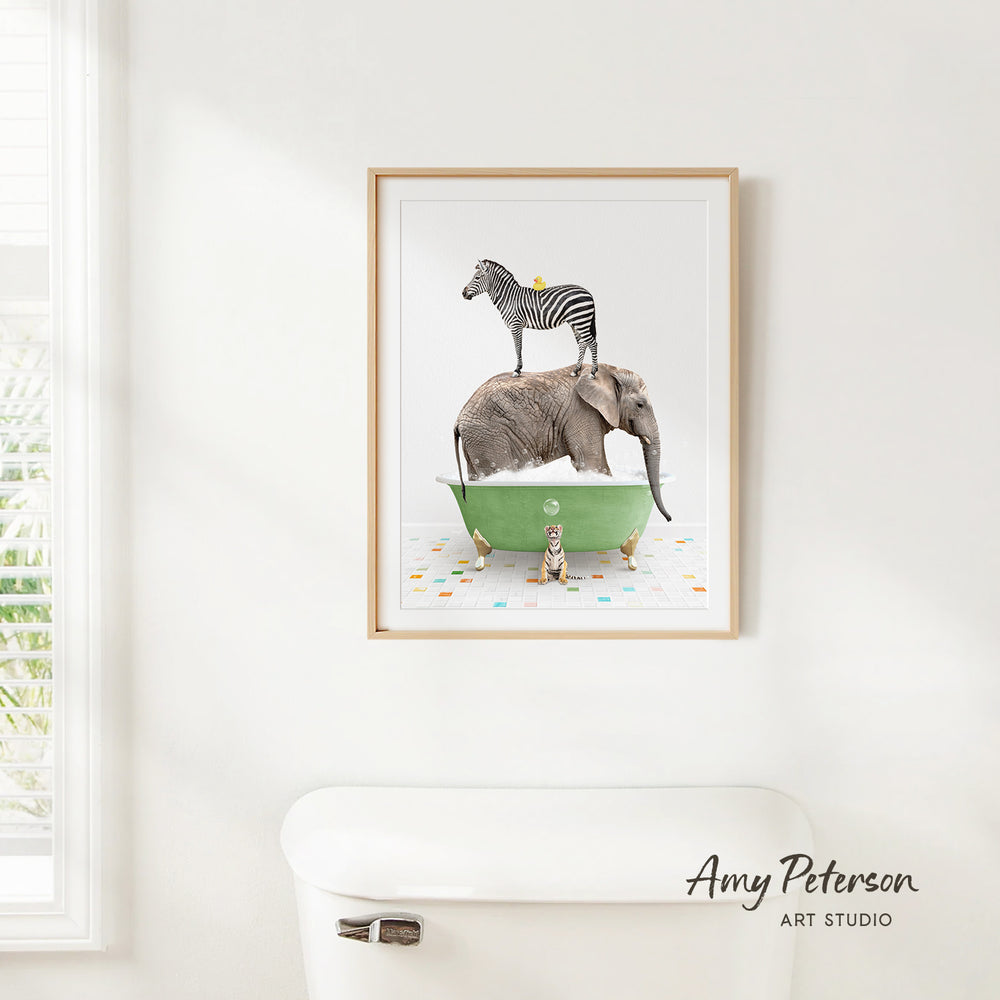 A framed illustration of a zebra standing on an elephant's back while both animals are in a green bathtub, with a small tiger sitting on the elephant's back.