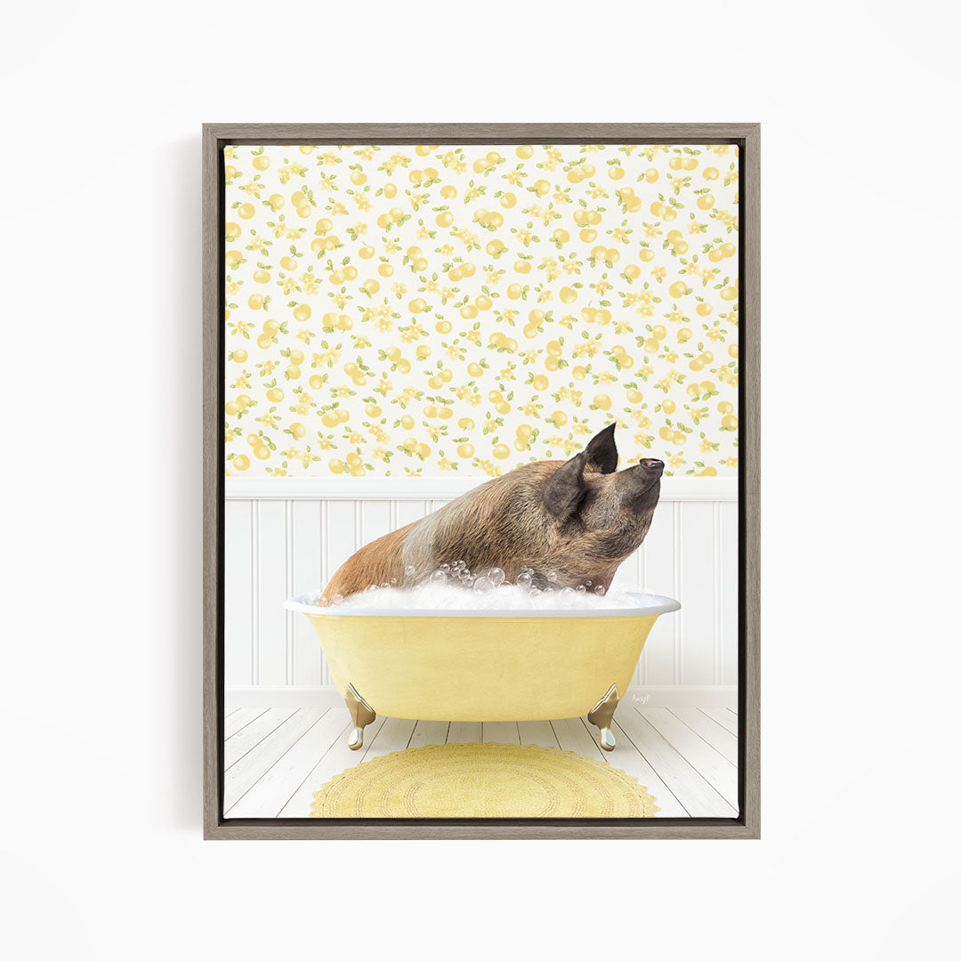 A pig sitting in a yellow bathtub filled with bubbles, surrounded by a yellow floral wallpaper.
