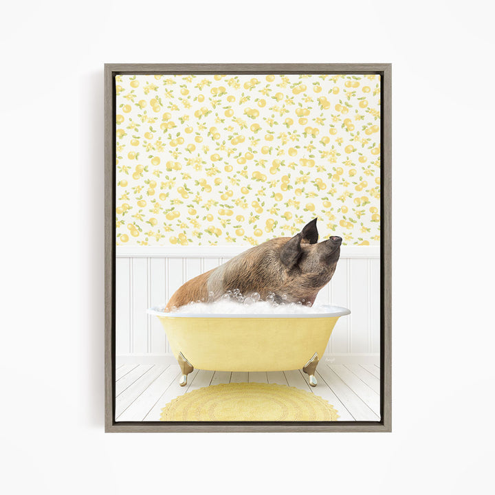 A pig sitting in a yellow bathtub filled with bubbles, surrounded by a yellow floral wallpaper.
