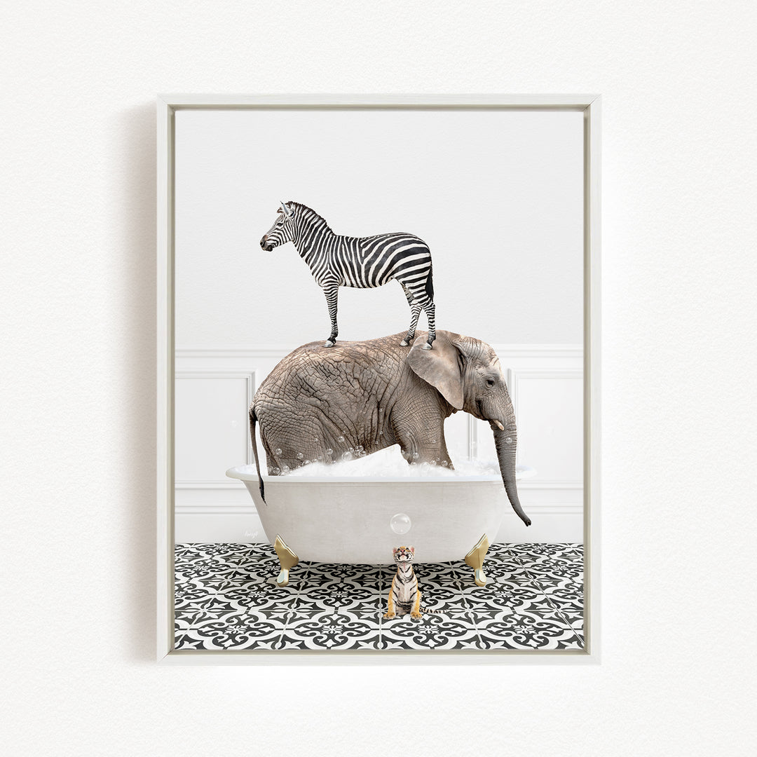 A zebra stands on the back of an elephant, which is submerged in a bathtub, with a small dog sitting on the edge of the tub.