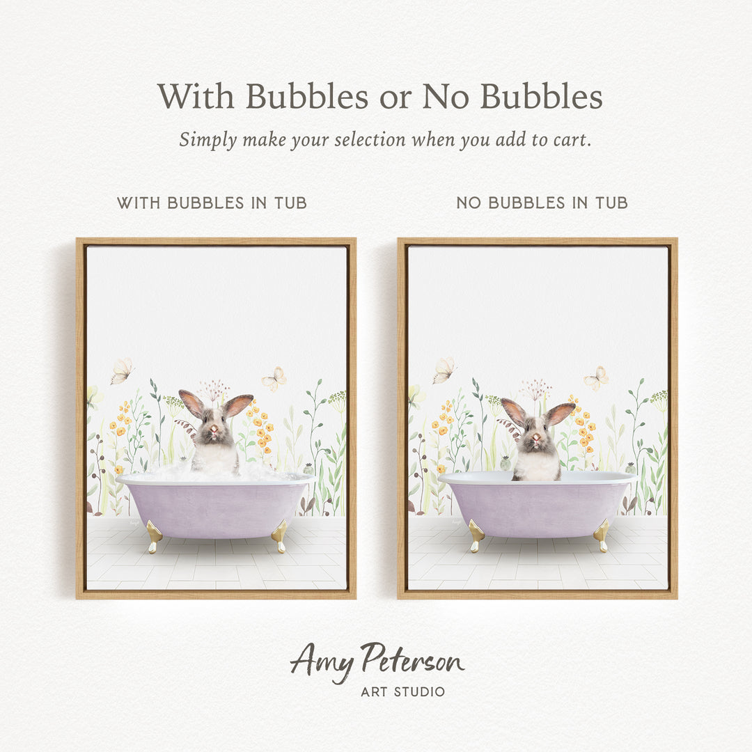 The image is a framed print featuring a rabbit sitting in a bathtub with flowers and butterflies around it. The print has two different options: one with bubbles in the tub and one without bubbles in the tub. The text above the print reads "With Bubbles or No Bubbles Simply make your selection when you add to cart."