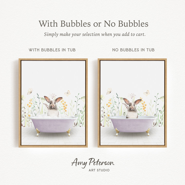 The image is a framed print featuring a rabbit sitting in a bathtub with flowers and butterflies around it. The print has two different options: one with bubbles in the tub and one without bubbles in the tub. The text above the print reads "With Bubbles or No Bubbles Simply make your selection when you add to cart."