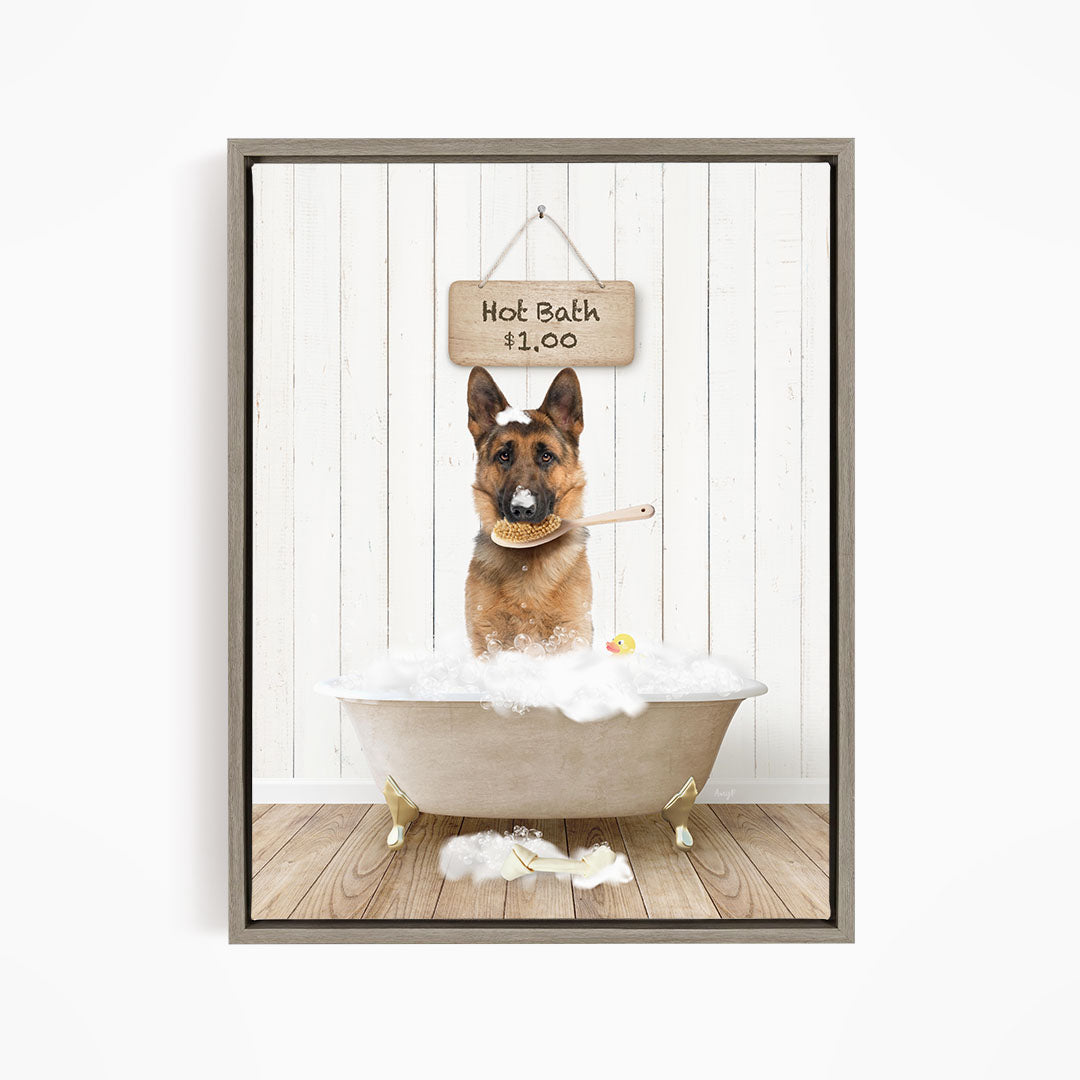 A German Shepherd dog sitting in a bathtub filled with bubbles, with a sign above the tub indicating a hot bath for $1.00.