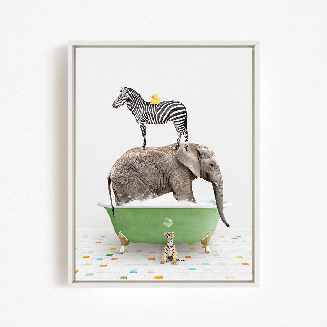 A zebra stands on the back of an elephant, which is submerged in a green bathtub, with a small tiger sitting nearby.
