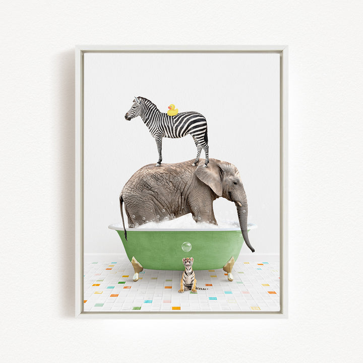 A zebra stands on the back of an elephant, which is submerged in a green bathtub, with a small tiger sitting nearby.