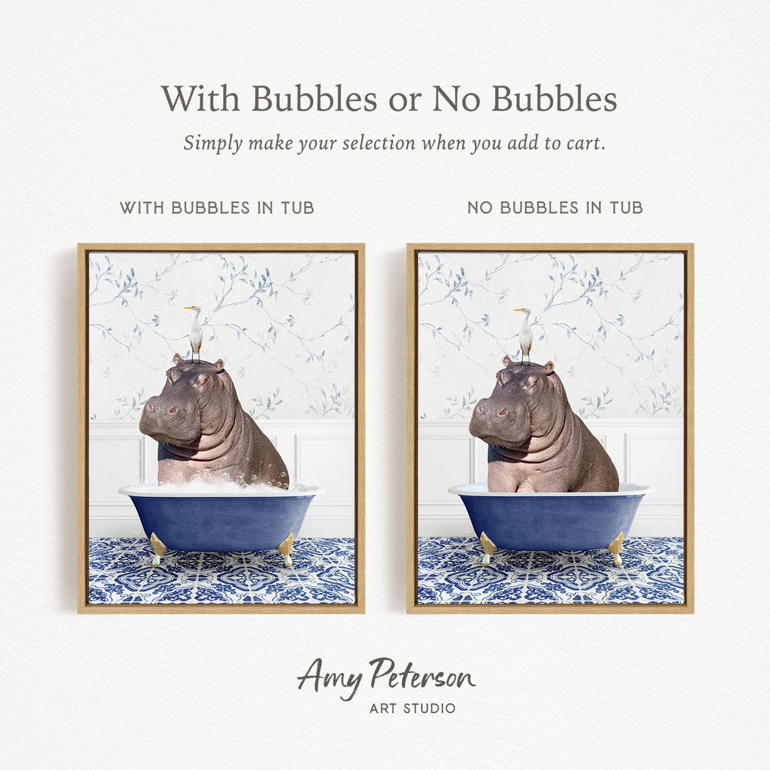 The image is a collage of two framed pictures, each depicting a hippopotamus in a bathtub. The text above the images reads "With Bubbles or No Bubbles" and below the images, it says "Simply make your selection when you add to cart."
