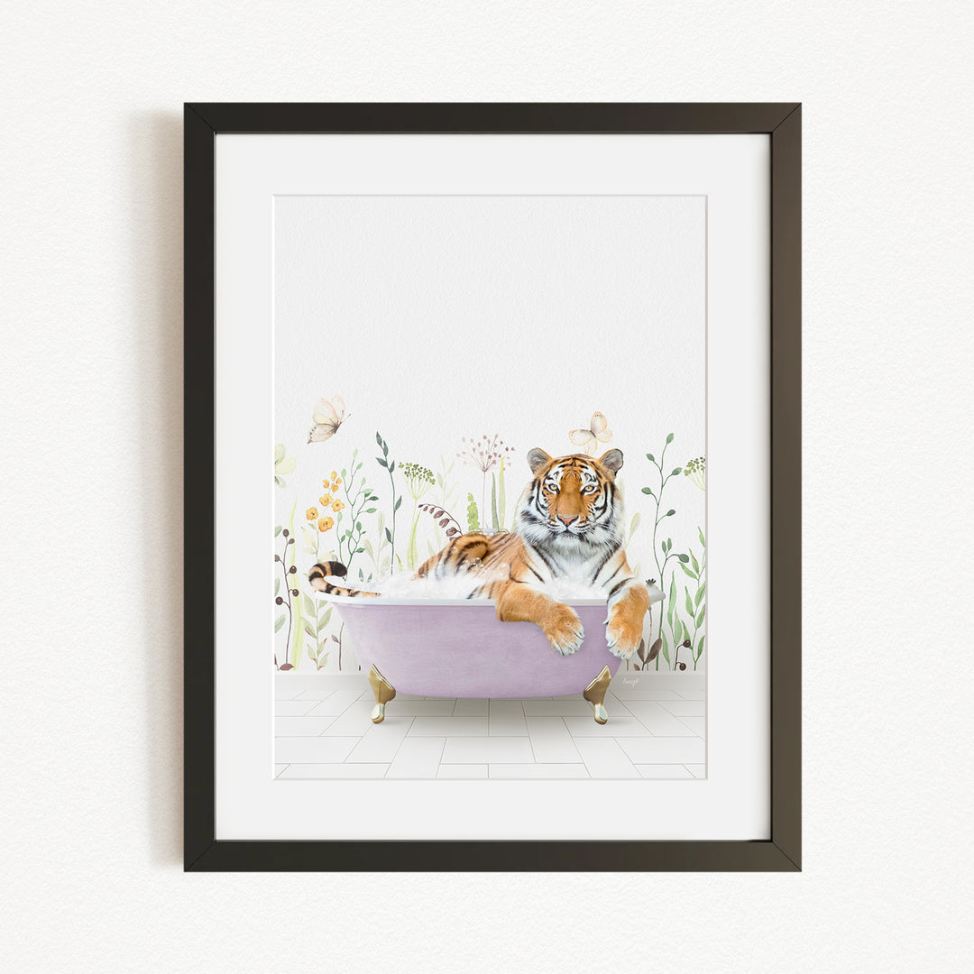 A tiger is sitting in a purple bathtub, surrounded by flowers and butterflies, creating a whimsical and playful scene.