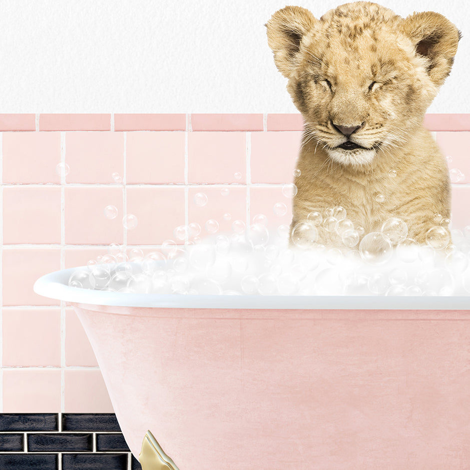 a lion cub sitting in a bathtub filled with bubbles