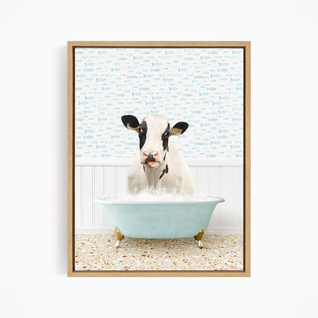 A cow is sitting in a bathtub filled with water, surrounded by a pattern of fish.