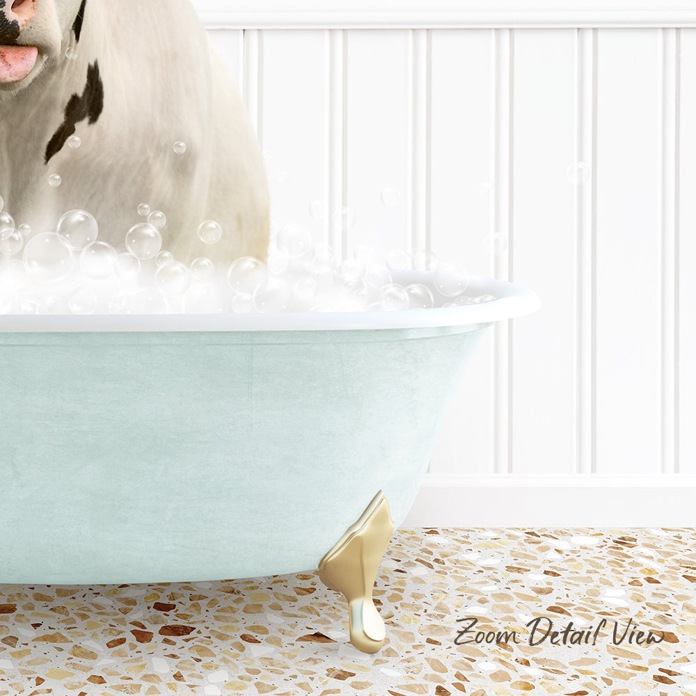 A white dog is sitting in a light blue bathtub filled with bubbles, with a text overlay that reads "Zoom Detail View".