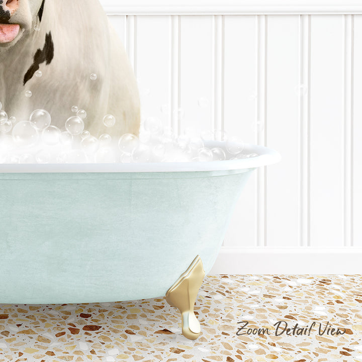 A white dog is sitting in a light blue bathtub filled with bubbles, with a text overlay that reads "Zoom Detail View".