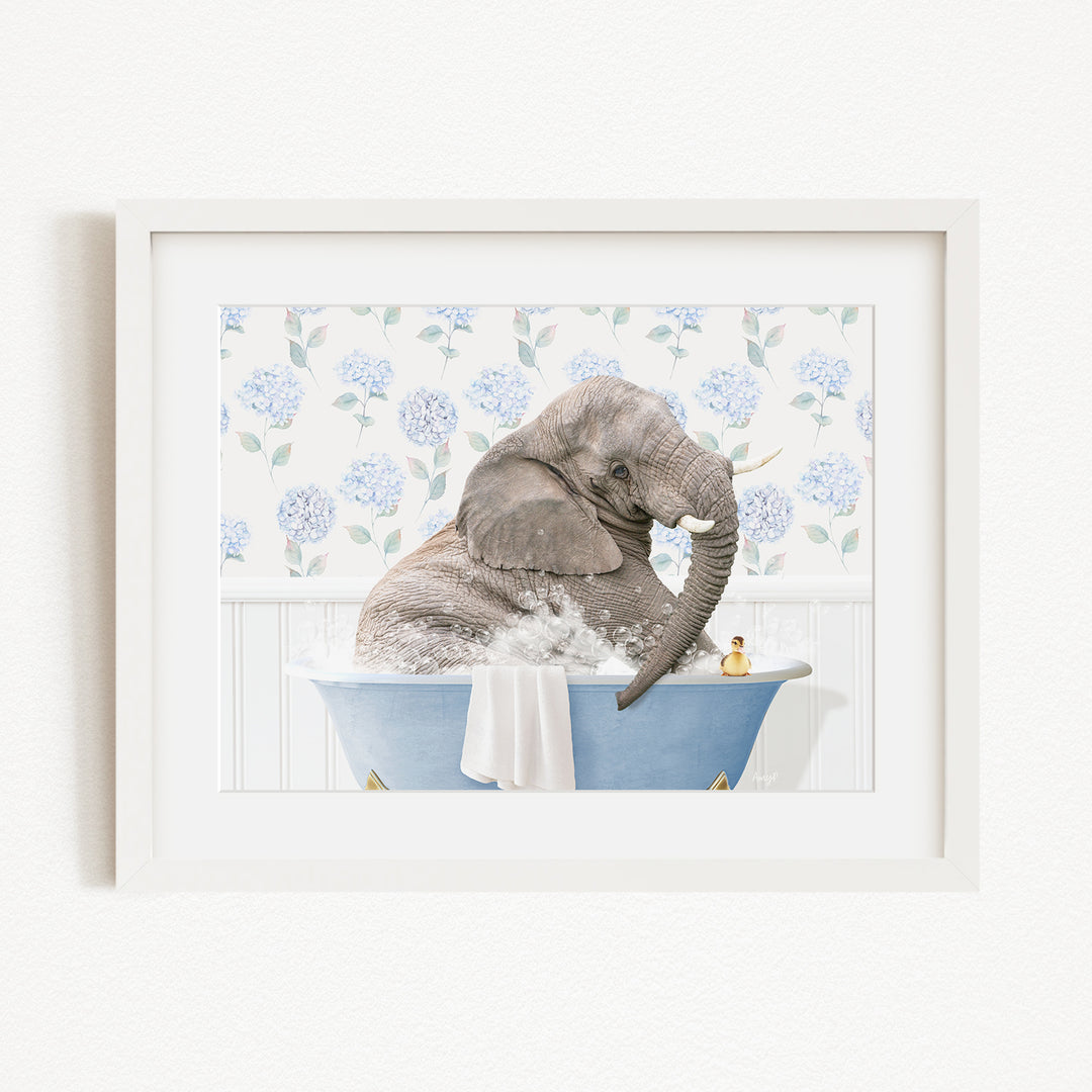 A gray elephant is sitting in a blue bathtub filled with water, surrounded by blue flowers on the wall behind it.