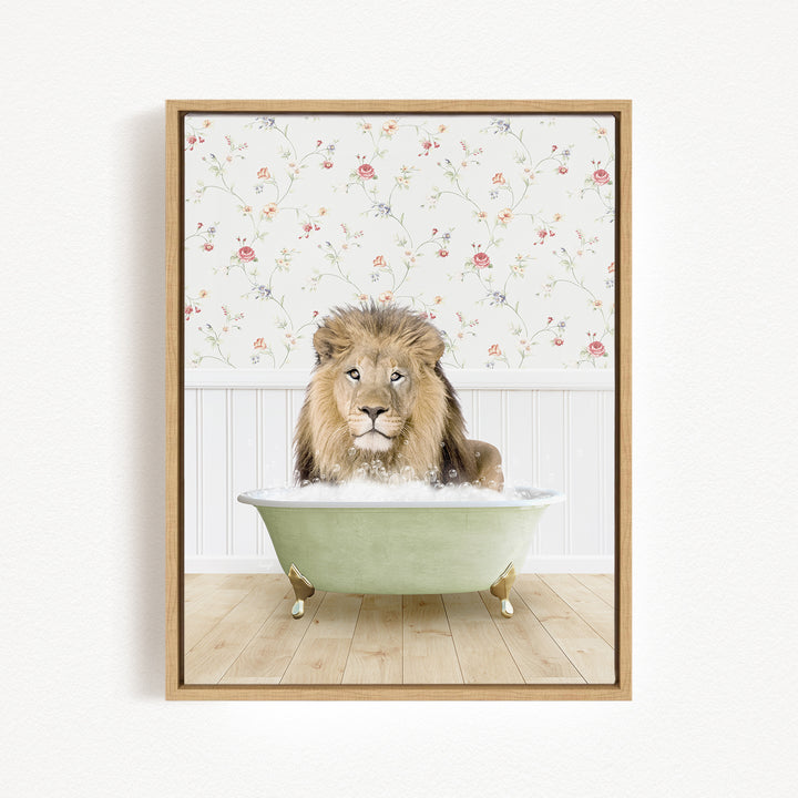 A lion sitting in a green bathtub filled with bubbles, with a floral wallpaper in the background.