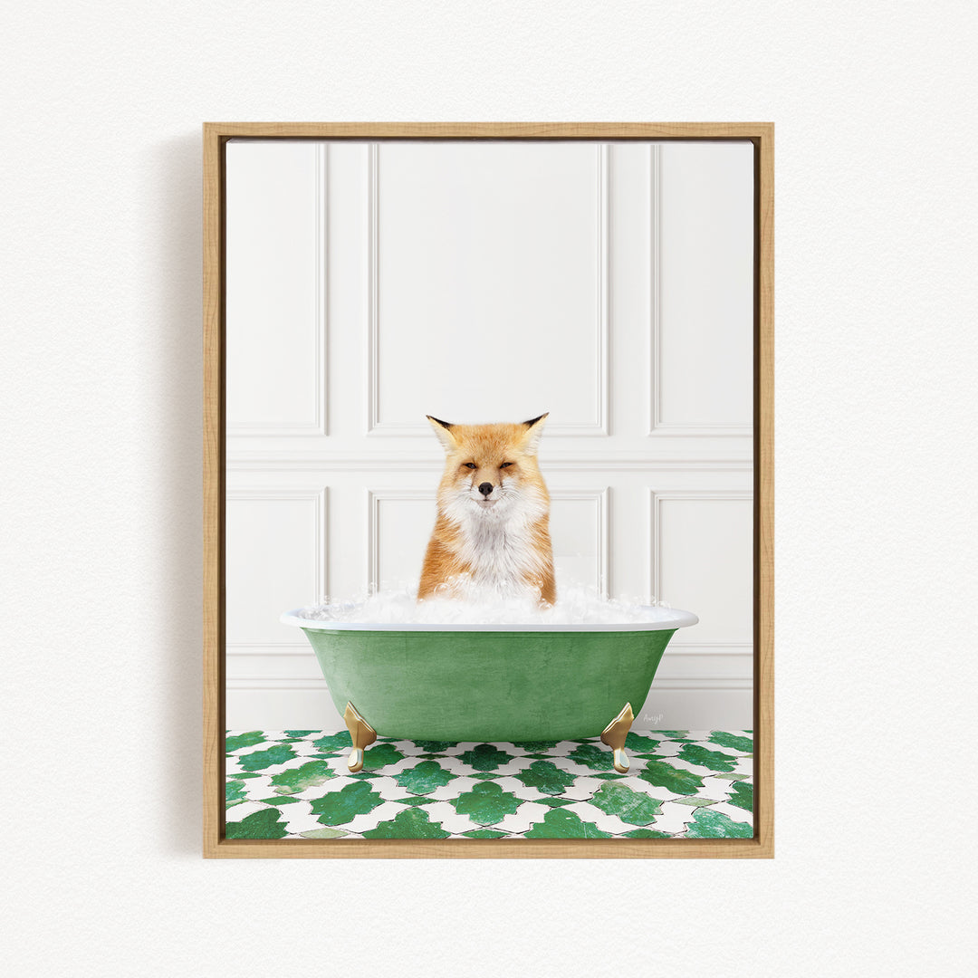 A red fox is sitting in a green bathtub filled with bubbles, looking directly at the camera.