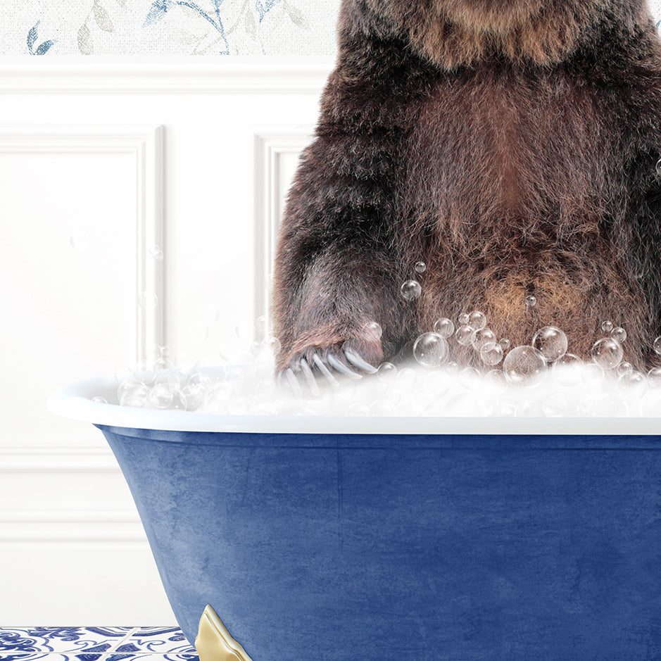 a large brown bear sitting in a bath tub