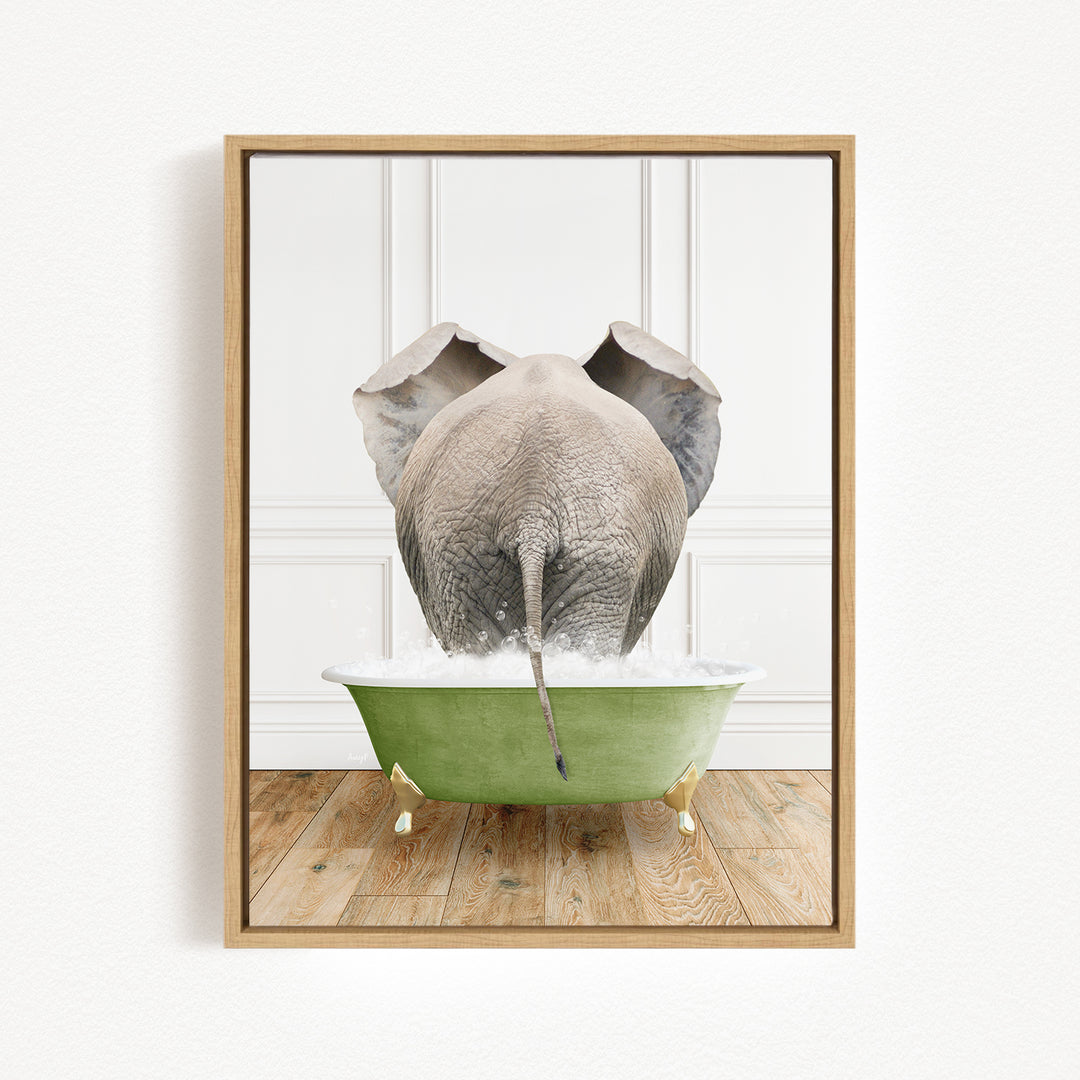 A gray elephant is standing in a green bathtub filled with water, creating a whimsical and playful scene.