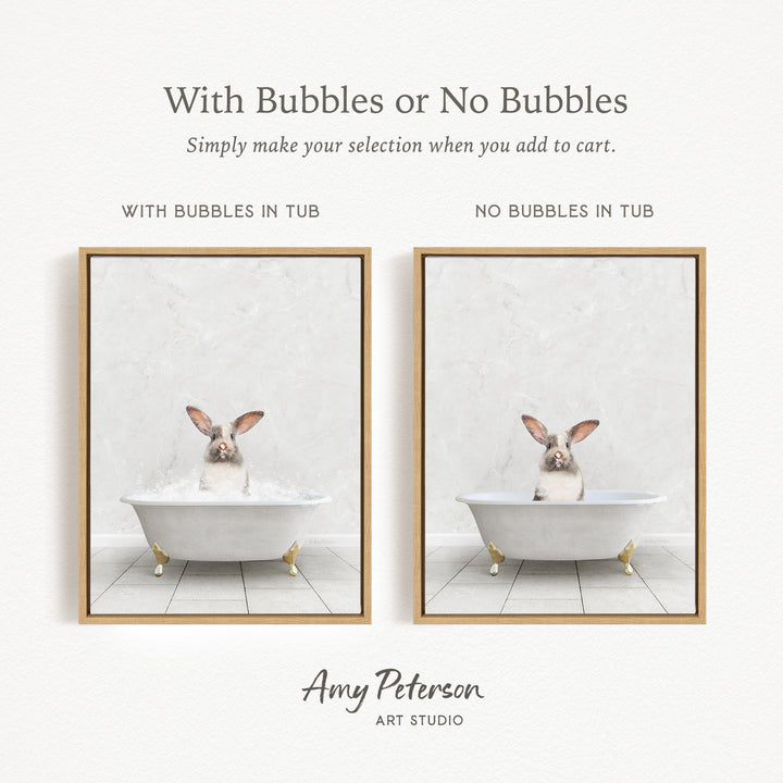 The image is a collage of two pictures, each featuring a rabbit in a bathtub. The rabbit in the bathtub has bubbles, while the other rabbit does not have bubbles. The collage is titled "With Bubbles or No Bubbles" and is created by Amy Peterson from Art Studio.