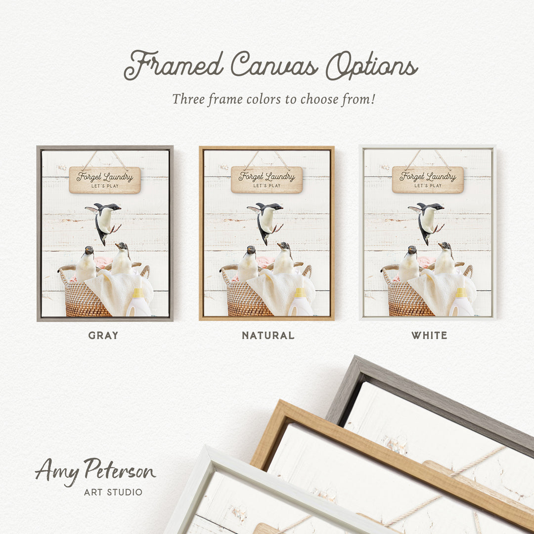 three framed canvas options, each with a different color and frame style, including a gray, natural, and white frame.