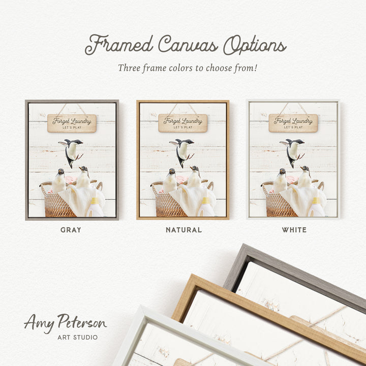 three framed canvas options, each with a different color and frame style, including a gray, natural, and white frame.