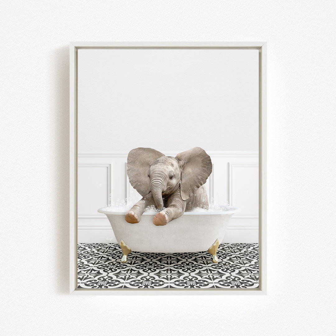 A baby elephant sitting in a white bathtub, with its trunk in the water, against a white wall with a black and white patterned floor.
