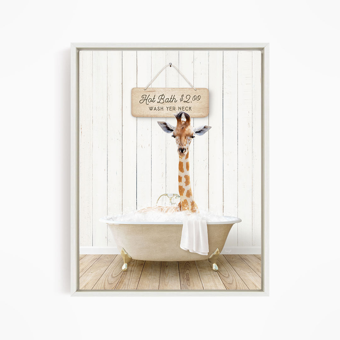 A giraffe standing in a bathtub, with a sign above it that reads "Hot Bath $2.00 WASH YER necks".