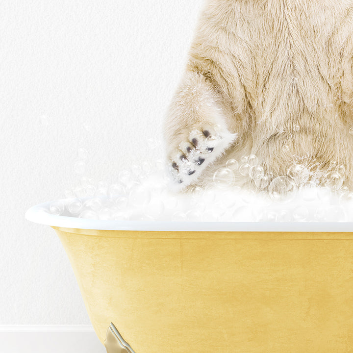 a polar bear standing on its hind legs in a bathtub