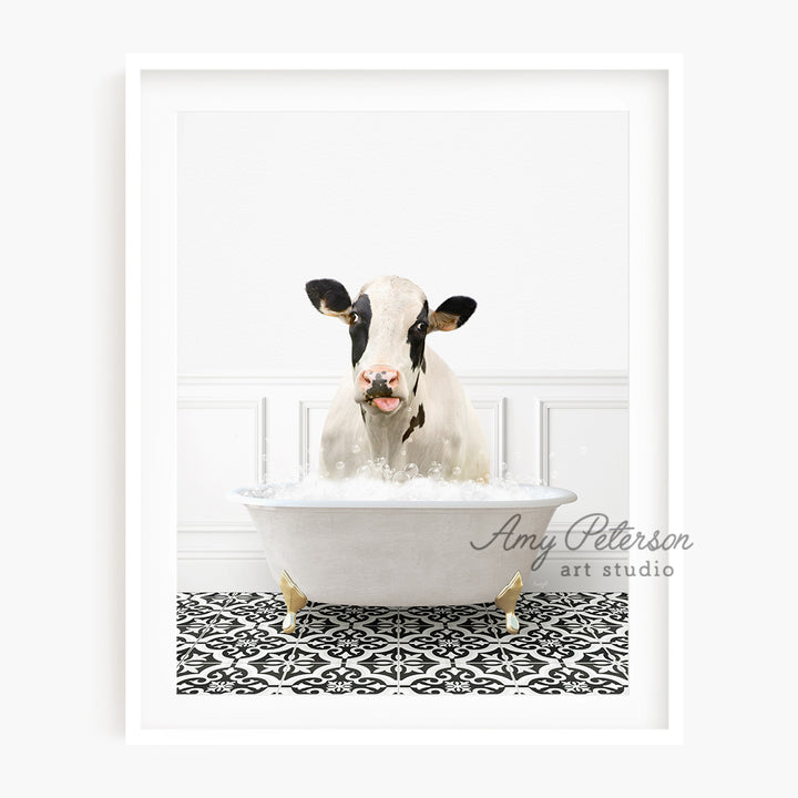 a cow sticking its head out of a bathtub