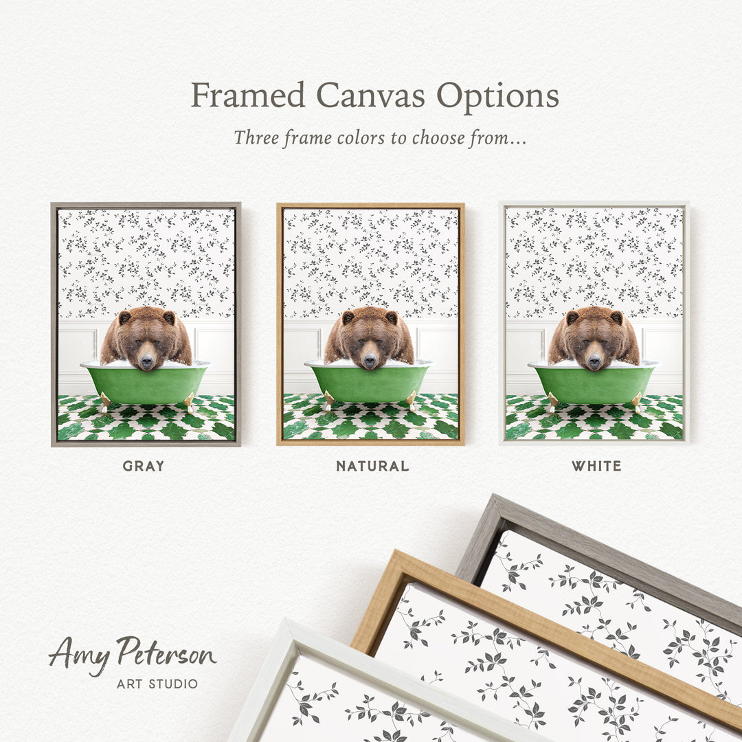 The image is a framed canvas option featuring three different color options for a bear in a green bowl, each with a different frame style.
