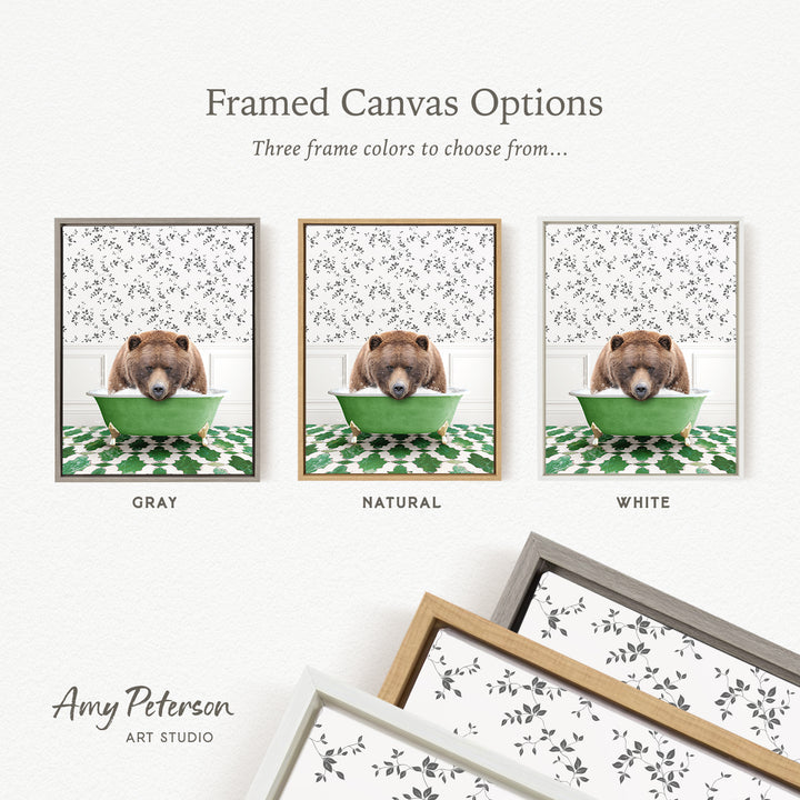 The image is a framed canvas option featuring three different color options for a bear in a green bowl, each with a different frame style.