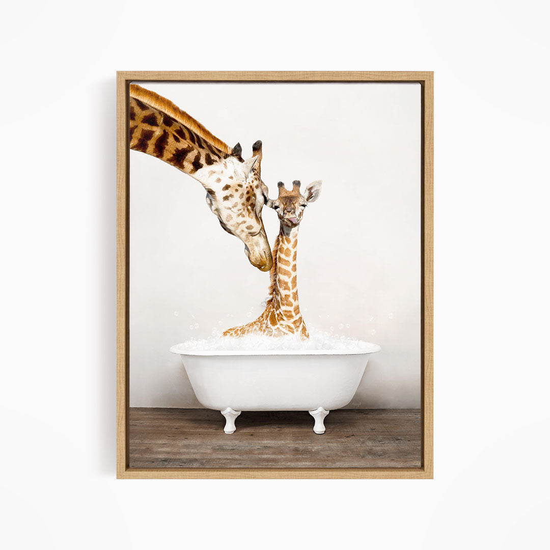 A mother giraffe and her baby giraffe are sitting together in a white bathtub filled with water, creating a playful and heartwarming scene.