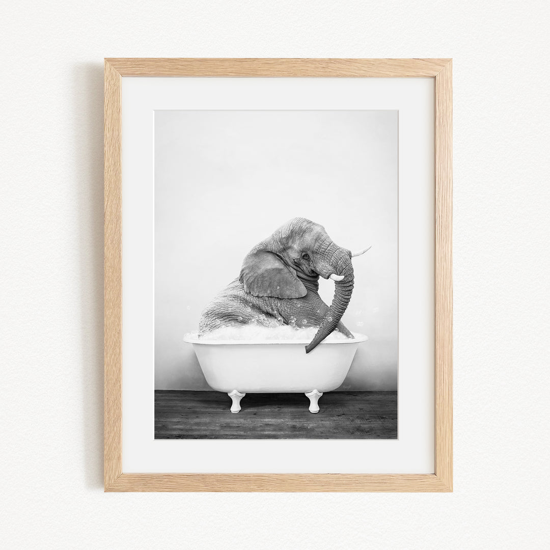 A black and white photograph of an elephant sitting in a bathtub, with its trunk raised and appearing to be enjoying the bath.